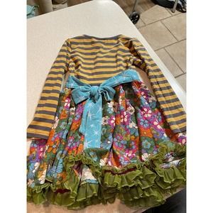 Paint by Number Dress Yellow/Gray Stripe with Floral Print and Green Ruffle SZ 2